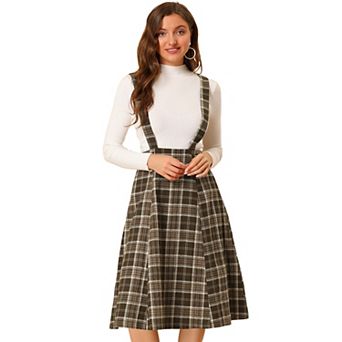Women's Plaid Tartan A-line Overall Suspender Midi Skirt