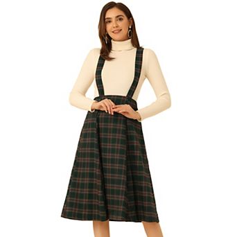 Women's Plaid Tartan A-line Overall Suspender Midi Skirt