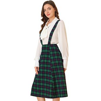 Women's Plaid Tartan A-line Overall Suspender Midi Skirt