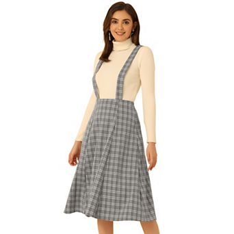 Women's Plaid Tartan A-line Overall Suspender Midi Skirt