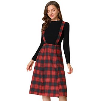 Women's Plaid Tartan A-Line Overall Suspender Midi Skirt