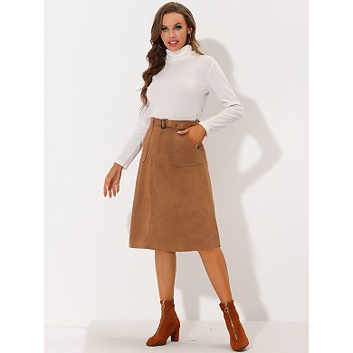 Women's Casual Stretchy Faux Suede Pockets A-Line Midi Skirt with Belt
