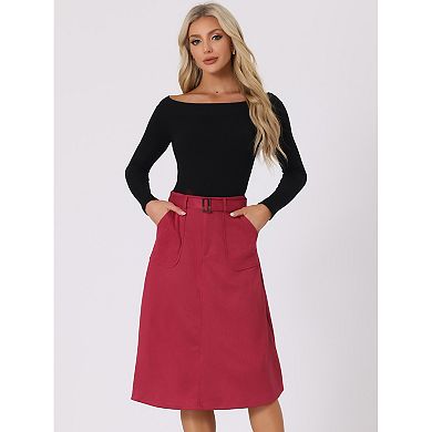 Women's Casual Stretchy Faux Suede Pockets A-line Midi Skirt With Belt