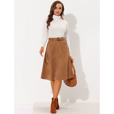 Women's Casual Stretchy Faux Suede Pockets A-Line Midi Skirt with Belt