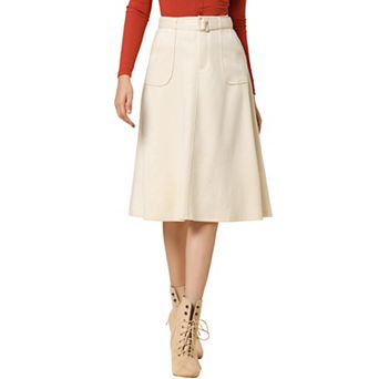 Women's Casual Stretchy Faux Suede Pockets A-line Midi Skirt With Belt