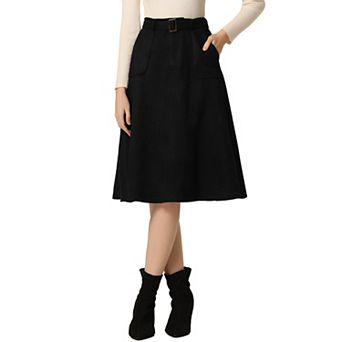 Women's Casual Stretchy Faux Suede Pockets A-Line Midi Skirt with Belt