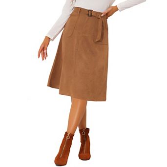 Women's Casual Stretchy Faux Suede Pockets A-line Midi Skirt With Belt