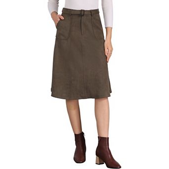 Women's Casual Stretchy Faux Suede Pockets A-line Midi Skirt With Belt