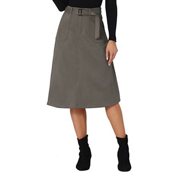 Women's Casual Stretchy Faux Suede Pockets A-Line Midi Skirt with Belt