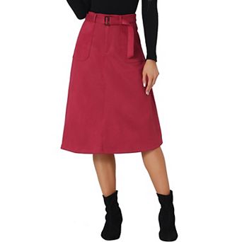 Women's Casual Stretchy Faux Suede Pockets A-line Midi Skirt With Belt