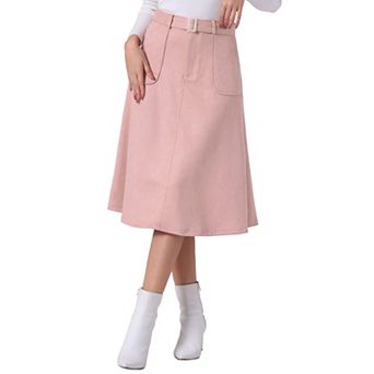 Women's Casual Stretchy Faux Suede Pockets A-line Midi Skirt With Belt