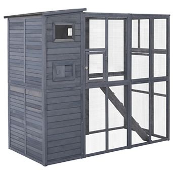 PawHut Cat House Outdoor Catio Kitty Enclosure with Platforms Run Lockable Doors and Asphalt Roof, 77" x 37" x 69", Grey