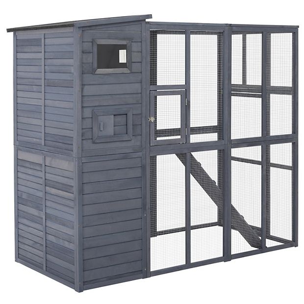 PawHut 77 in. x 37 in. x 69 in. Grey Cat House Outdoor Catio Kitty Enclosure with Platforms Run Lockable Doors and Asphalt Roof