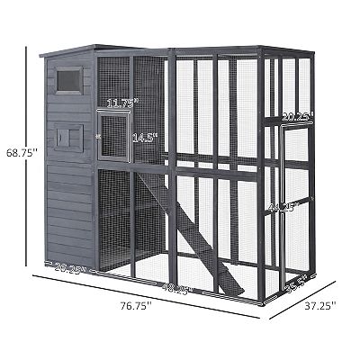 PawHut Cat House Outdoor Catio Kitty Enclosure with Platforms Run Lockable Doors and Asphalt Roof, 77" x 37" x 69", Grey