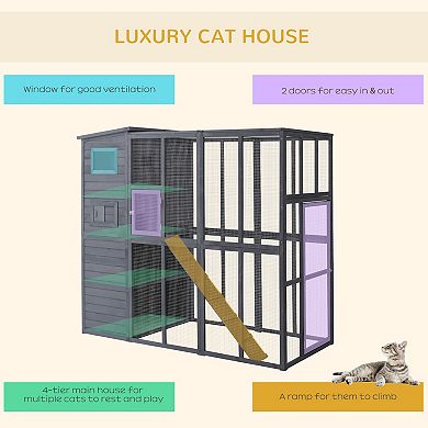 PawHut Cat House Outdoor Catio Kitty Enclosure with Platforms Run Lockable Doors and Asphalt Roof, 77" x 37" x 69", Grey