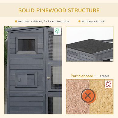 PawHut Cat House Outdoor Catio Kitty Enclosure with Platforms Run Lockable Doors and Asphalt Roof, 77" x 37" x 69", Grey