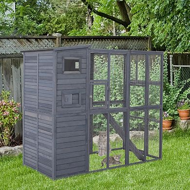PawHut Cat House Outdoor Catio Kitty Enclosure with Platforms Run Lockable Doors and Asphalt Roof, 77" x 37" x 69", Grey
