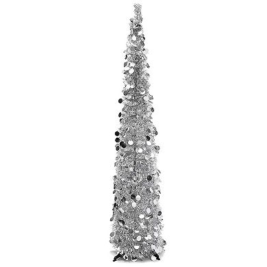 Silver Tinsel Christmas Tree for Holiday Decoration, 5-Foot Skinny Metallic Pencil Tree