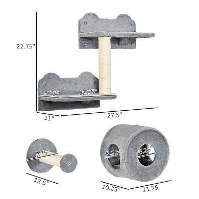 PawHut 5PCs Cat Wall Shelves, Pet Wall-mounted Climbing Shelf Set, Kitten Activity Center with Condo, Cushion, Scratching Post, Jumping Platform, Brown