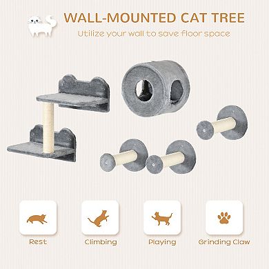 PawHut 5PCs Cat Wall Shelves, Pet Wall-mounted Climbing Shelf Set, Kitten Activity Center with Condo, Cushion, Scratching Post, Jumping Platform, Brown