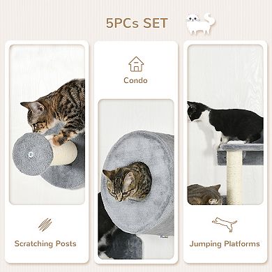 PawHut 5PCs Cat Wall Shelves, Pet Wall-mounted Climbing Shelf Set, Kitten Activity Center with Condo, Cushion, Scratching Post, Jumping Platform, Brown