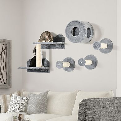 PawHut 5PCs Cat Wall Shelves, Pet Wall-mounted Climbing Shelf Set, Kitten Activity Center with Condo, Cushion, Scratching Post, Jumping Platform, Brown
