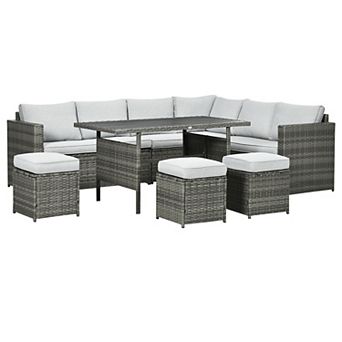 Outsunny 7 pc Patio Furniture Set, Outdoor L-Shaped Sectional Sofa with 3 Loveseats, 3 Ottoman Chairs, Outside Conversation Set with Dining Table, Cushions, Storage, Mixed Gray