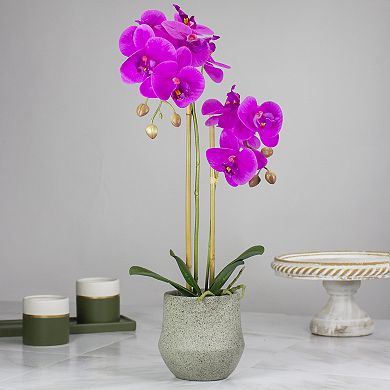 14" Purple Artificial Orchid Plant with a Gray Stone Pot