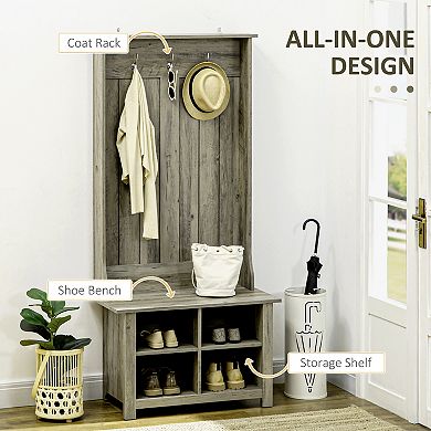 HOMCOM Hall Tree W/ Shoe Storage Bench Entryway Coat Rack Bench, Grey