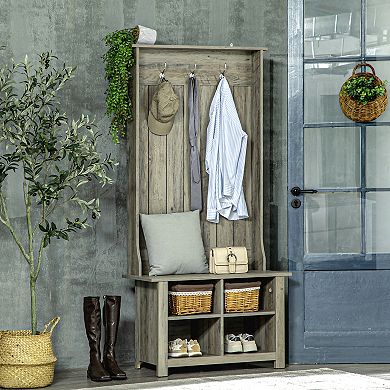 HOMCOM Hall Tree W/ Shoe Storage Bench Entryway Coat Rack Bench, Grey