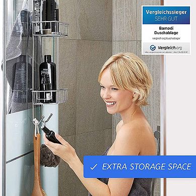 Over Door Shower Caddy 2-Tier Hanging Basket No Drilling Required Fits Shower Screens up to 2 cm with Towel Hooks