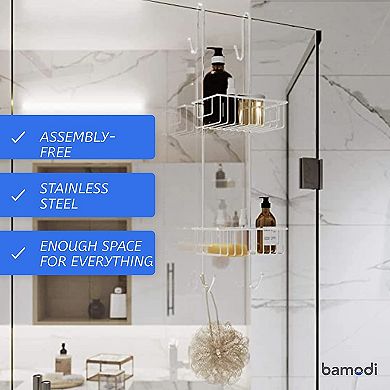 Over Door Shower Caddy 2-Tier Hanging Basket No Drilling Required Fits Shower Screens up to 2 cm with Towel Hooks