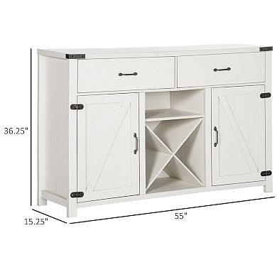 HOMCOM Wooden Farmhouse Sideboard, Storage Buffet Cabinet with 2 Large Drawers, X-Shaped Wine Rack, and Cabinets, White