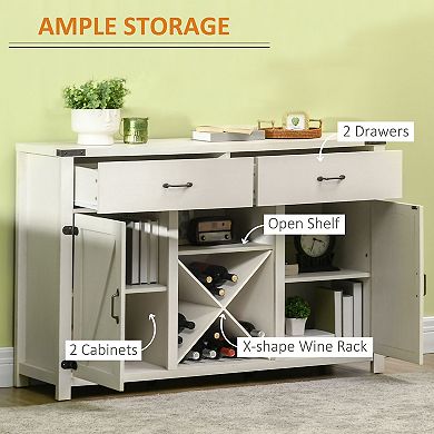 HOMCOM Wooden Farmhouse Sideboard, Storage Buffet Cabinet with 2 Large Drawers, X-Shaped Wine Rack, and Cabinets, White