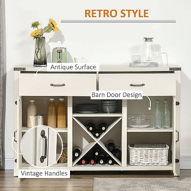 HOMCOM Wooden Farmhouse Sideboard, Storage Buffet Cabinet with 2 Large Drawers, X-Shaped Wine Rack, and Cabinets, White