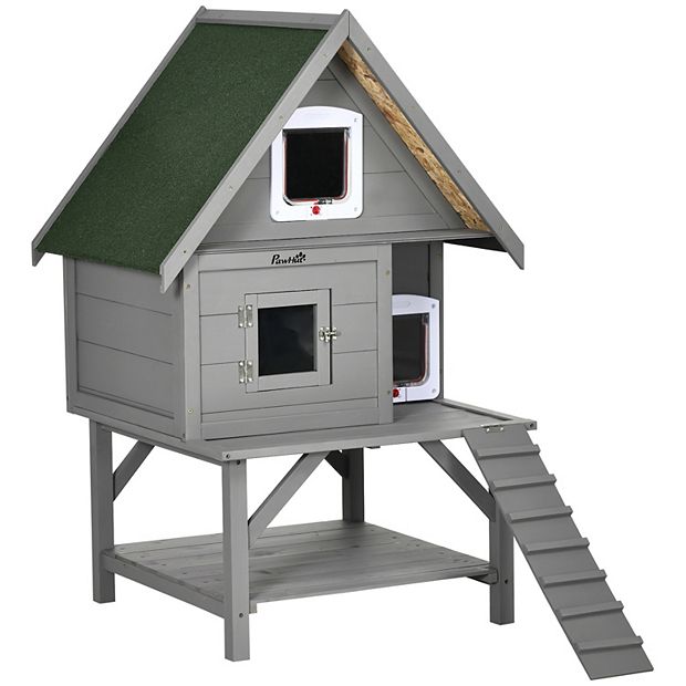 PawHut Large 3 Story Outdoor Cat House Weatherproof Roof Wooden Outdoor Cat Shelter with Fun Design