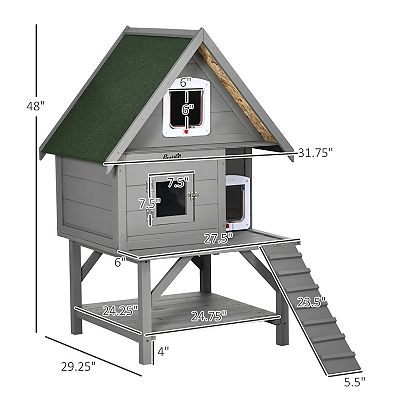 PawHut Large 3 Story Outdoor Cat House Weatherproof Roof Wooden Outdoor Cat Shelter with Fun Design Gray