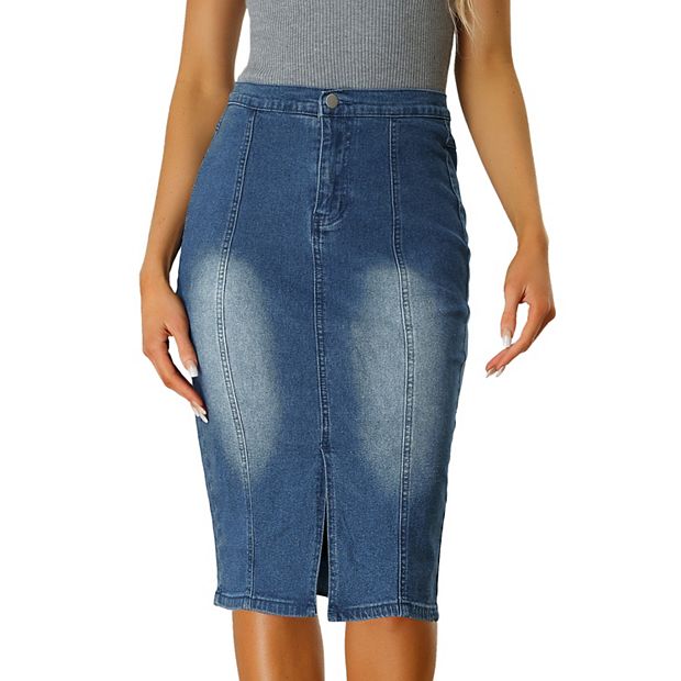 Women s Bodycon Midi Skirt High Elastic Waist Split Front Denim