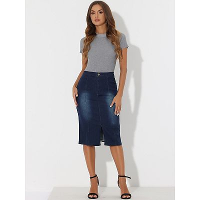 Women's Bodycon Midi Skirt High Elastic Waist Split Front Denim