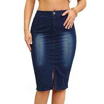 Women's Bodycon Midi Skirt High Elastic Waist Split Front Denim Pencil Skirt