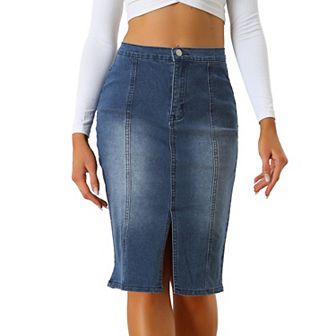 Women's Bodycon Midi Skirt High Elastic Waist Split Front Denim Pencil Skirt