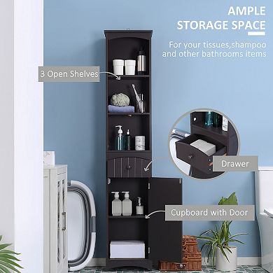 HOMCOM Bathroom Storage Cabinet, Free Standing Bath Storage Unit, Tall Linen Tower with 3-Tier Shelves and Drawer, Brown
