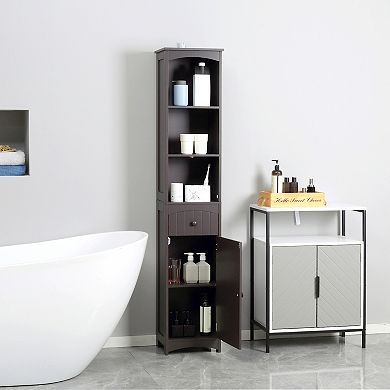 HOMCOM Bathroom Storage Cabinet, Free Standing Bath Storage Unit, Tall Linen Tower with 3-Tier Shelves and Drawer, Brown