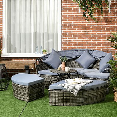 Outdoor Convertible Daybed, 4pc Furniture Set, Sofa, Tea Table, Chairs, Grey