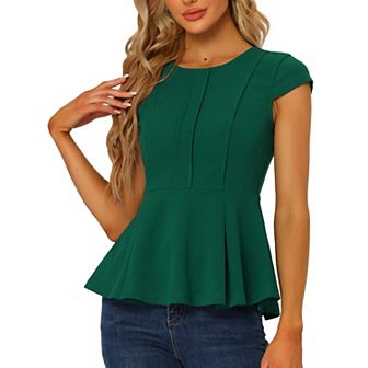 Women's Elegant Cap Sleeve Solid Color Ruffle Hem Work Blouse