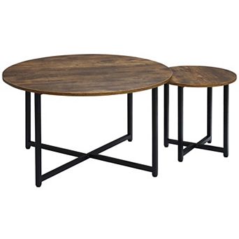 Set Of 2 Nesting Coffee Tables Round End Bedside Tables Metal Frame Rustic Brown