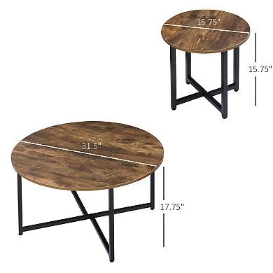 Set Of 2 Nesting Coffee Tables Round End Bedside Tables Metal Frame Rustic Brown