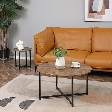 Set Of 2 Nesting Coffee Tables Round End Bedside Tables Metal Frame Rustic Brown
