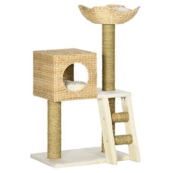 PawHut Cattail Weave Cat Tree for Indoor Cats with Rattan Cat Condo, Bed