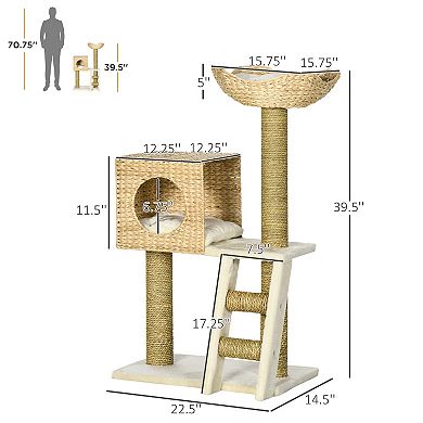 39.5" Cat Tree Tower Cattail Weave W/ Cat Condo, Bed, Ladder, Washable Cushions